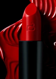 Close up product photograph of a bright red lipstick tube against a glossy red liquid background and black setting.