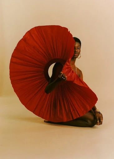 Striking fashion shot of an African woman sitting in a light studio, partially veiled by a large, round, red, pleated textile.