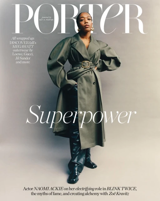Magazine cover featuring Naomi Ackie in a green trench coat and black leather pants against a grey background, with magazine text overlays.