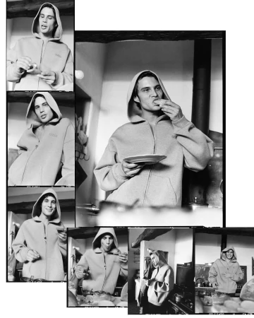 Black and white contact sheet of a man wearing a hooded sweatshirt in an interior setting, photographed by Luca Campri.