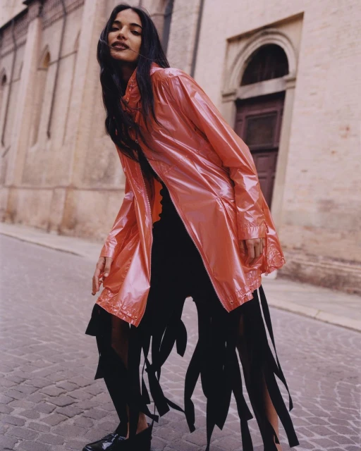 A woman poses outdoors wearing a shiny, translucent pink coat and a black dress with ribbon fringe, set against a weathered building.