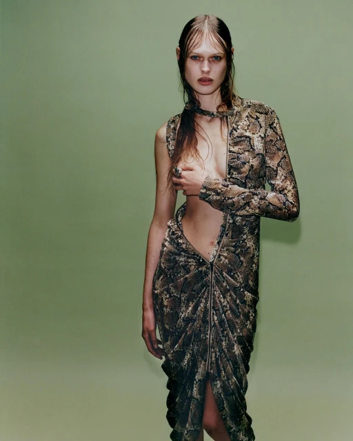 A single adult female poses in a snake-print, partially unzipped dress, holding her hand to her chest against a solid light-green backdrop.