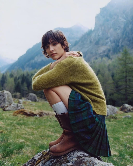 A young adult woman with short dark hair, wearing a green sweater, plaid skirt, and brown boots, poses outdoors in a mountainous setting.