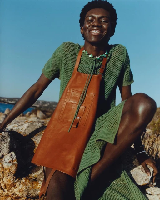 Smiling Black man poses on rocks with a leather apron, green knit outfit, and beaded necklace under a clear blue sky with ocean background.