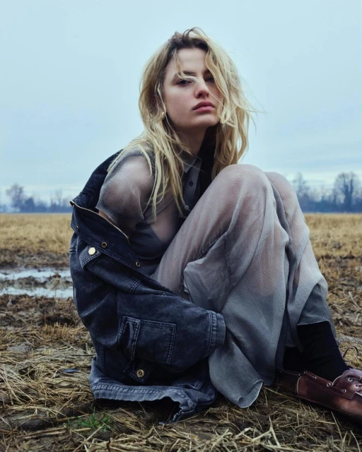 A blonde woman sits in a harvested field wearing a sheer gray dress and denim jacket, gazing at the camera with a neutral expression.