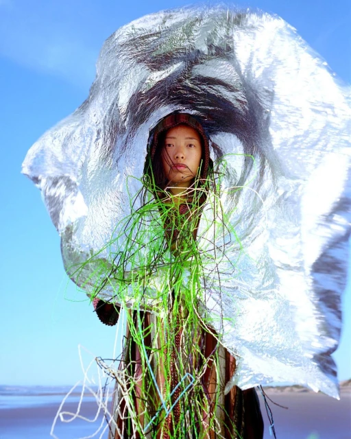 Dramatic portrait of a person shrouded in silvery foil and green tendrils on a beach under a bright blue sky, creating a surreal scene.