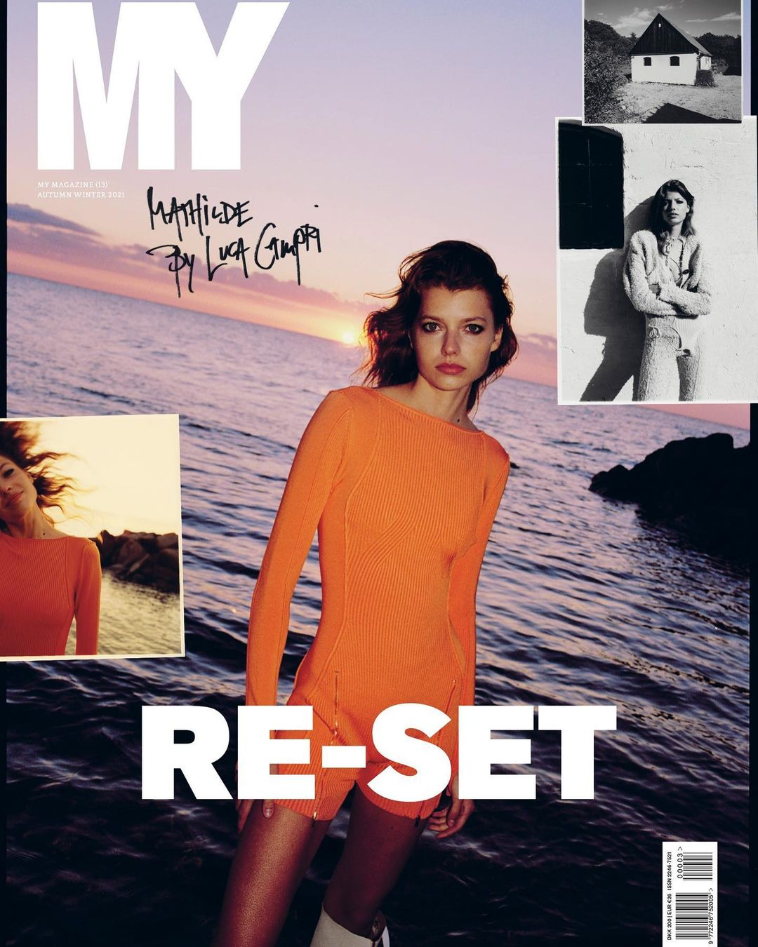 Fashion editorial magazine cover featuring a woman in an orange dress on a beach with sunset and additional photos as cutouts.