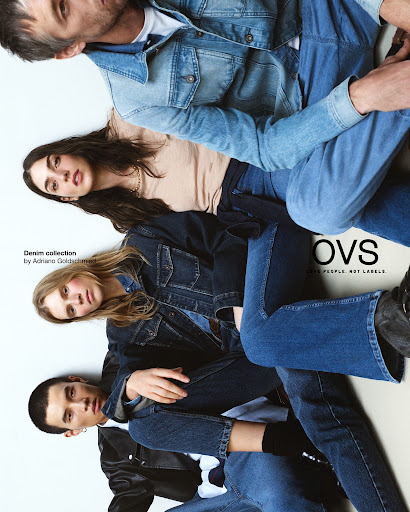 Denim fashion shoot featuring four young adults in jeans and denim jackets against a neutral background, promoting the OVS denim collection.