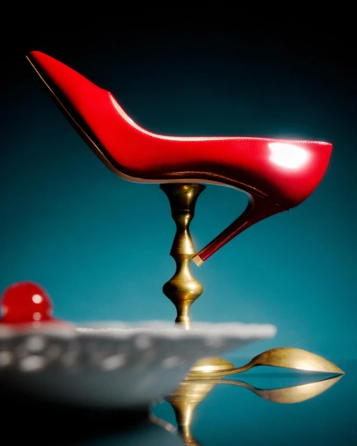 High heel poised on a brass stand, reflecting on a shiny surface, with a red ornament and gold spoon adding elegance and charm.