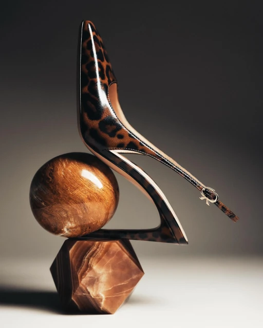 Elegant leopard print high heel balancing on a round brown marble stone and a geometric brown marble base against a grey gradient.