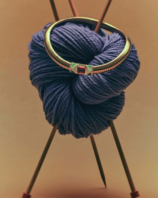 Close-up of a gold collar necklace adorned with a gemstone clasp, elegantly draped over a ball of blue yarn with knitting needles.