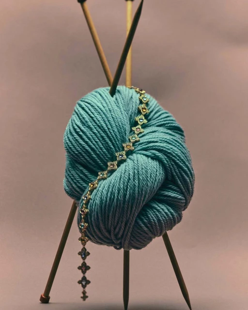 Close-up of a turquoise yarn ball pierced by knitting needles and adorned with a delicate gold bracelet on a mauve backdrop.
