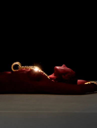 Elegant gold chain necklace artfully arranged on a textured, reddish surface in a studio setting with dramatic lighting and dark backdrop.