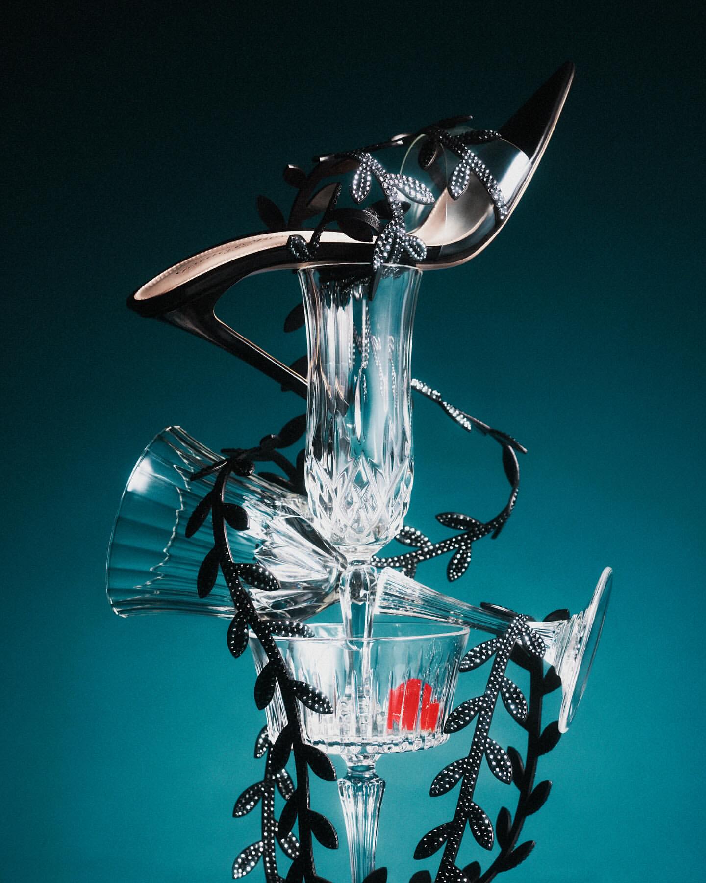 Artistic fashion still life of a heeled sandal balanced on crystal glasses with black leafy vines against a blue-green backdrop.