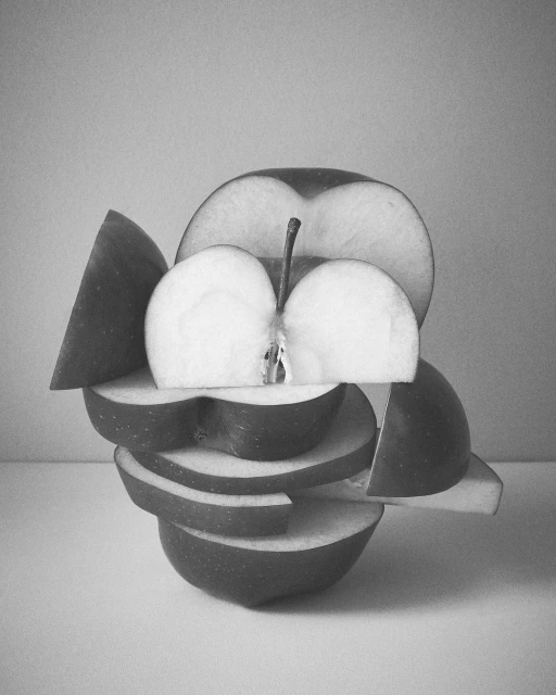 Monochrome photo of sliced apple pieces stacked in a still life arrangement, creating a visually striking fruit composition.