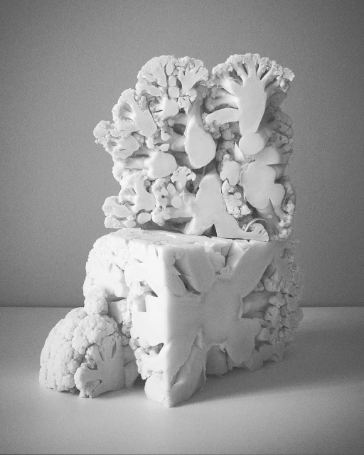 Monochromatic still life of stacked cauliflower heads and a sectioned cube showing the vegetable's intricate patterns and textures.