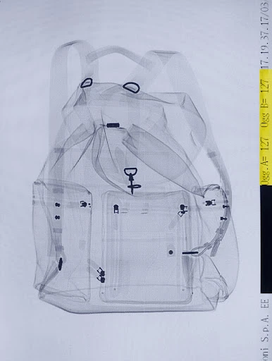 X-ray image of a backpack, showing internal compartments and straps against a white background with calibration text along the side.