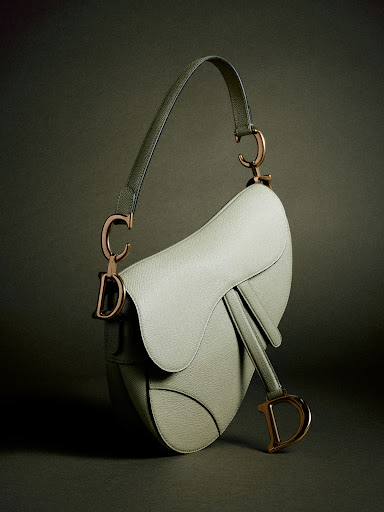 Sage green leather saddle handbag with bronze hardware resting against a dark textured background