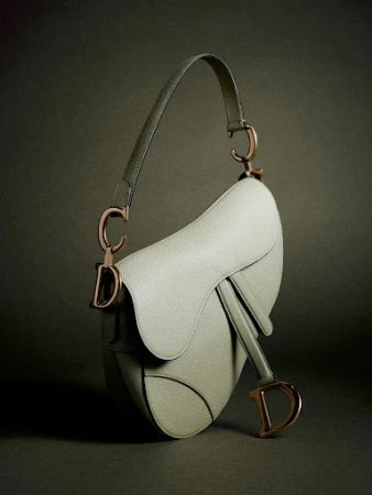 Sage green leather saddle handbag with bronze hardware resting against a dark textured background