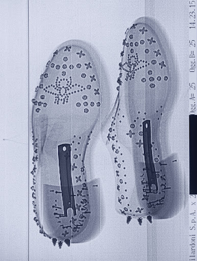 X-ray image of two jeweled high-heeled shoes displaying internal metal support structures and decorative embellishments.