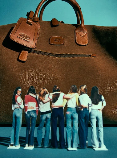 Leather duffel bag with logo and luggage tag from Tod's, juxtaposed with group of women in 1970s-style clothing on solid background.