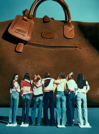 Leather duffel bag with logo and luggage tag from Tod's, juxtaposed with group of women in 1970s-style clothing on solid background.
