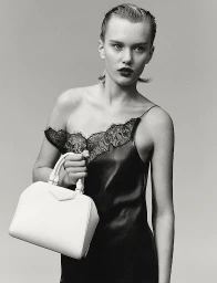 Model in dark lace slip dress holding a white handbag against a plain grey backdrop by Marco Gazza