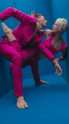 Two dancers in matching magenta suits posing inside a vibrant blue corner set photographed by Marcus Eriksson
