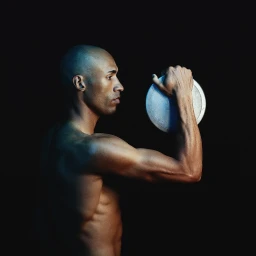 Profile portrait of shirtless bald man holding a round metal disc, shot by Marcus Eriksson against a dark background