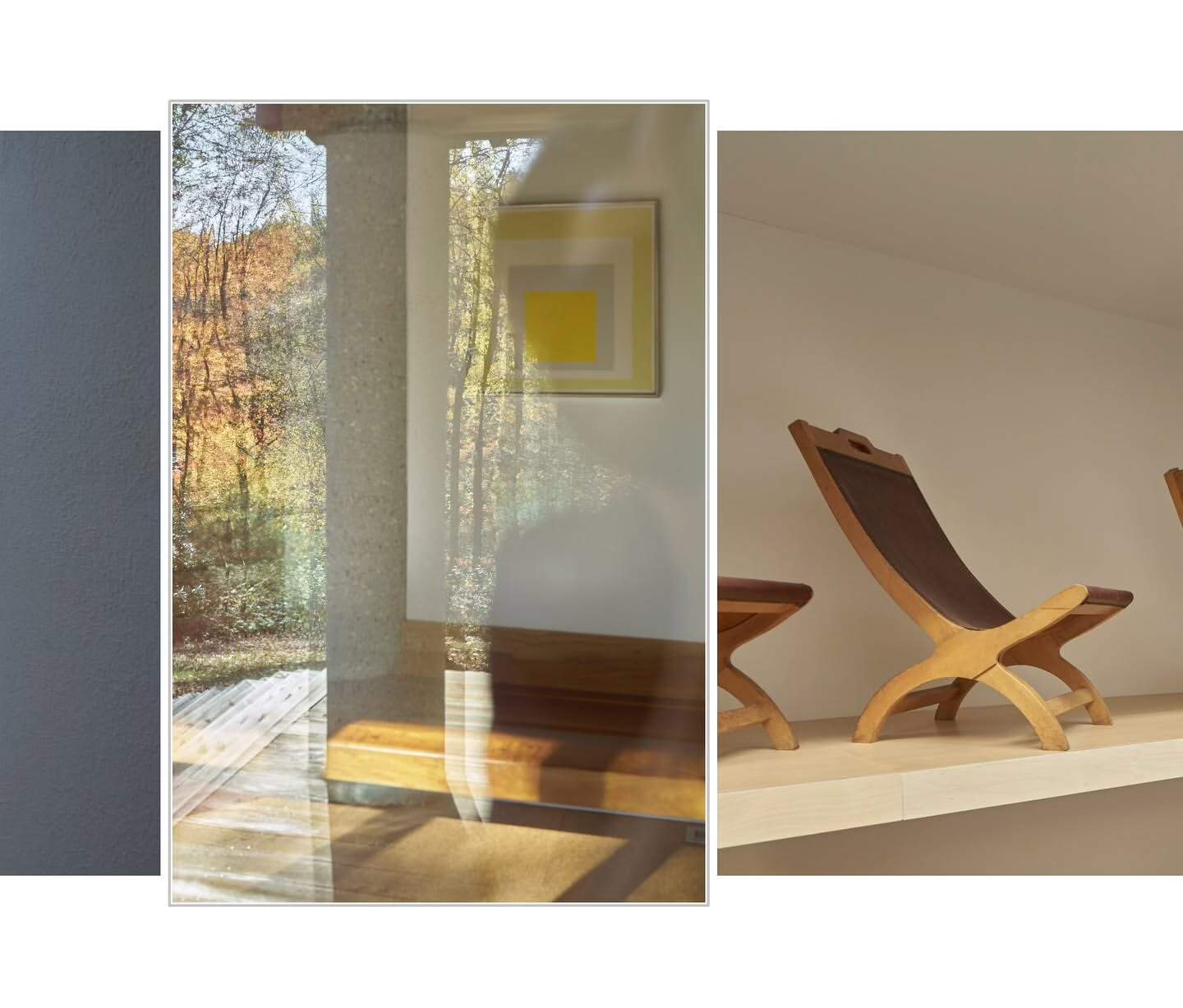 Interior scene with mid-century modern wood chairs and side table arranged on a platform against white walls, filtered light, and autumn colors.