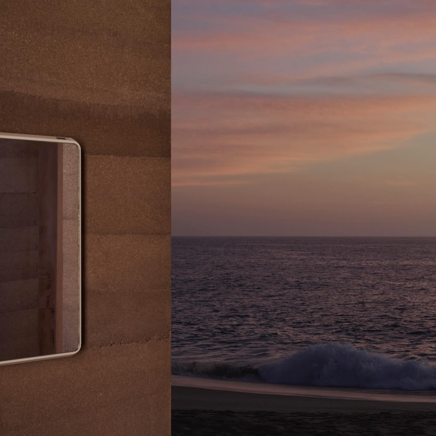 Open tablet lying on brown textured surface beside an ocean scene at sunset, featuring calm waters and soft, colorful sky.