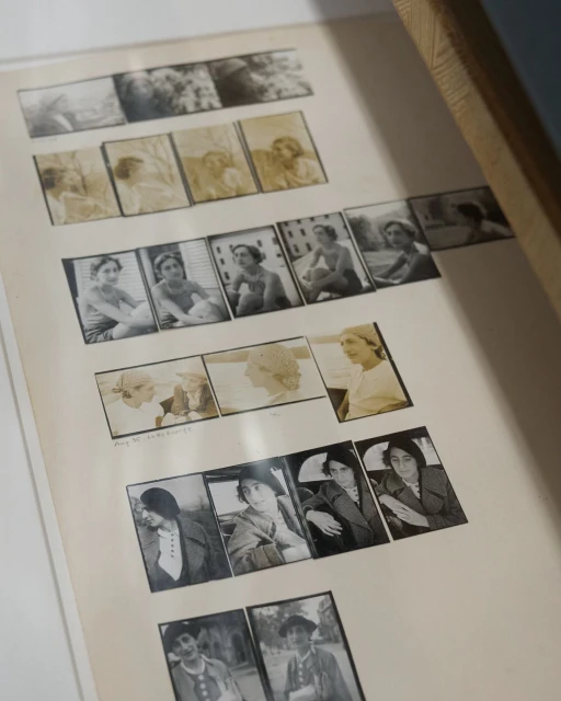 Photographic contact sheet featuring women, showcased in a frame, blending vintage charm with artistic photography and portraiture.