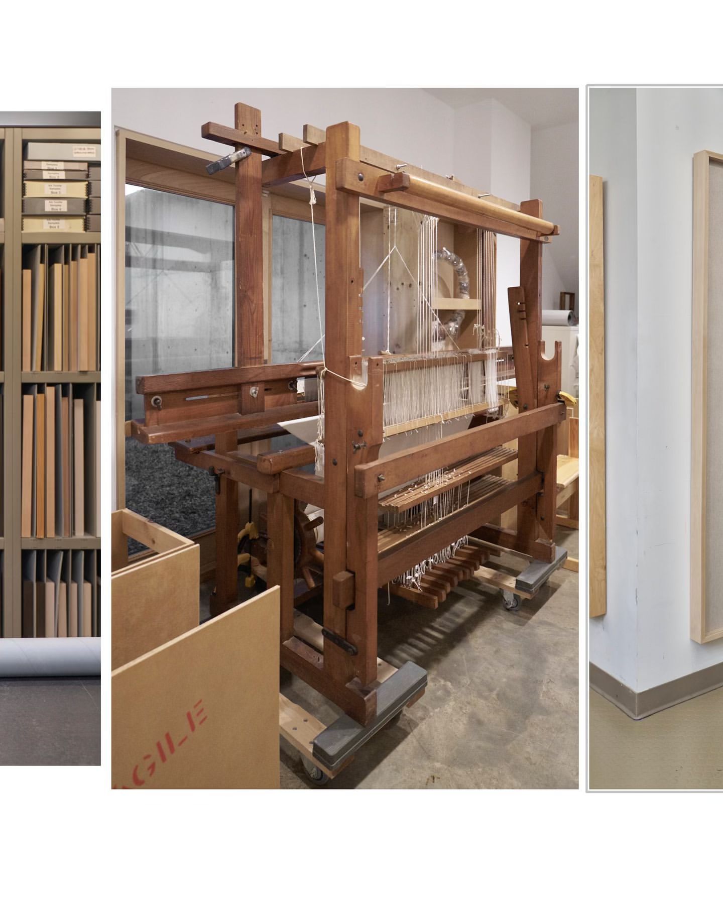 Wooden loom and storage with weaving supplies. Weaving loom stands near a wall in a workspace with natural light and light grey floors.