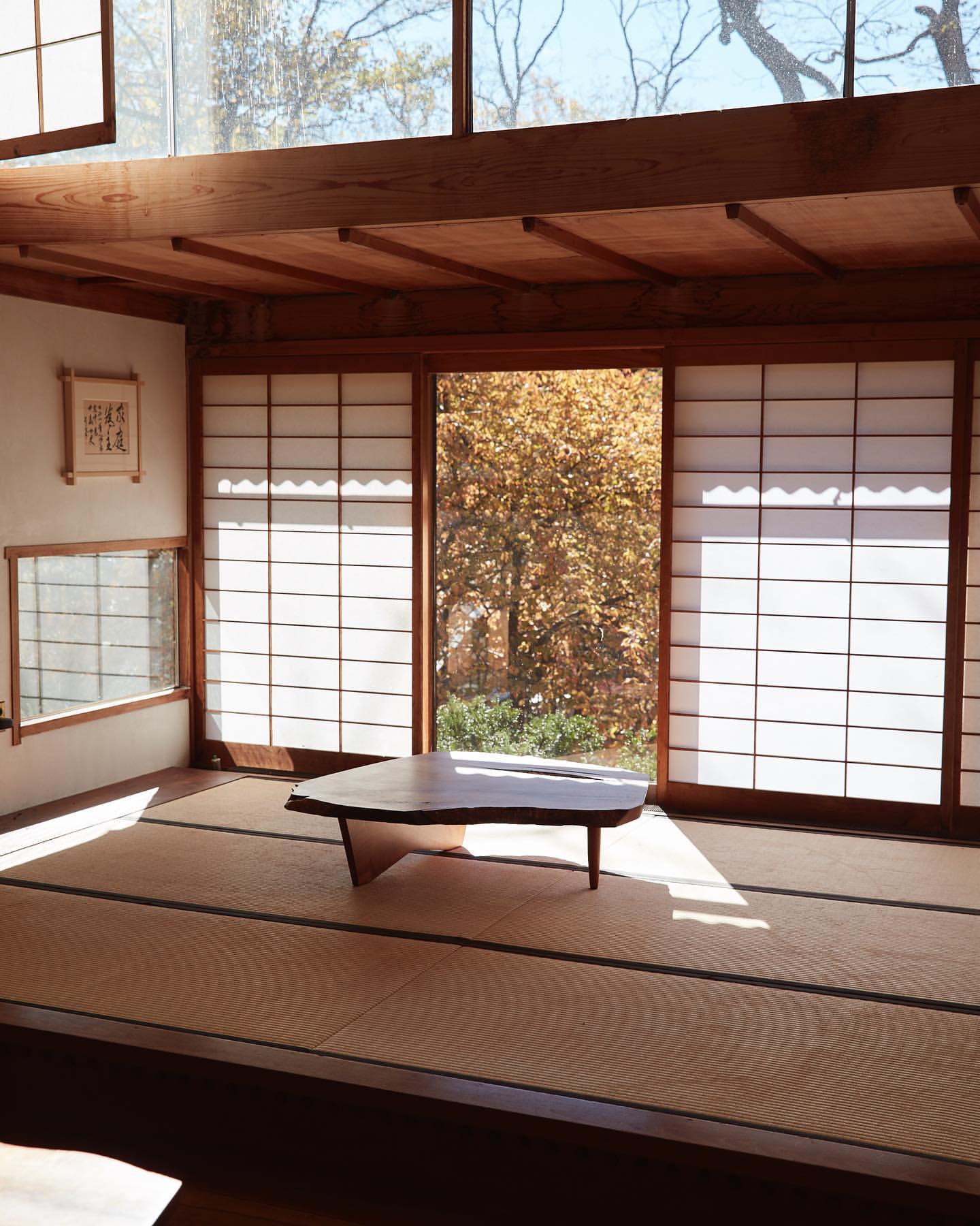 Tranquil Japanese-style interior with tatami mats, wooden beams, shoji screens, and a unique live-edge coffee table bathed in natural light.