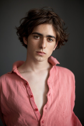 Portrait of a young man with brown hair wearing an unbuttoned pink shirt, looking directly at the camera against a grey background.