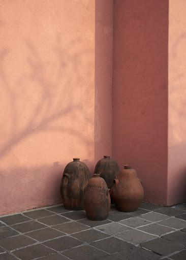 Five terracotta pots arranged on a tiled floor against a textured peach wall with a tree shadow, creating a warm and rustic aesthetic.