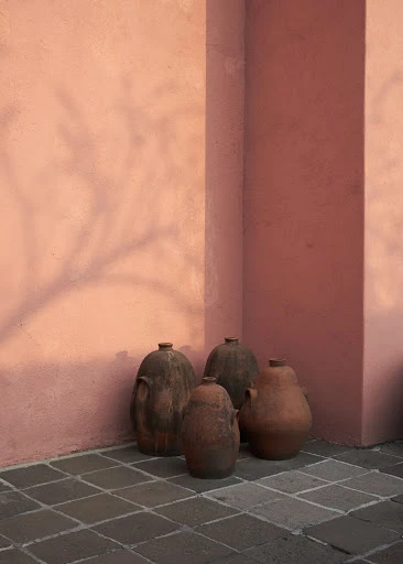 Five terracotta pots arranged on a tiled floor against a textured peach wall with a tree shadow, creating a warm and rustic aesthetic.