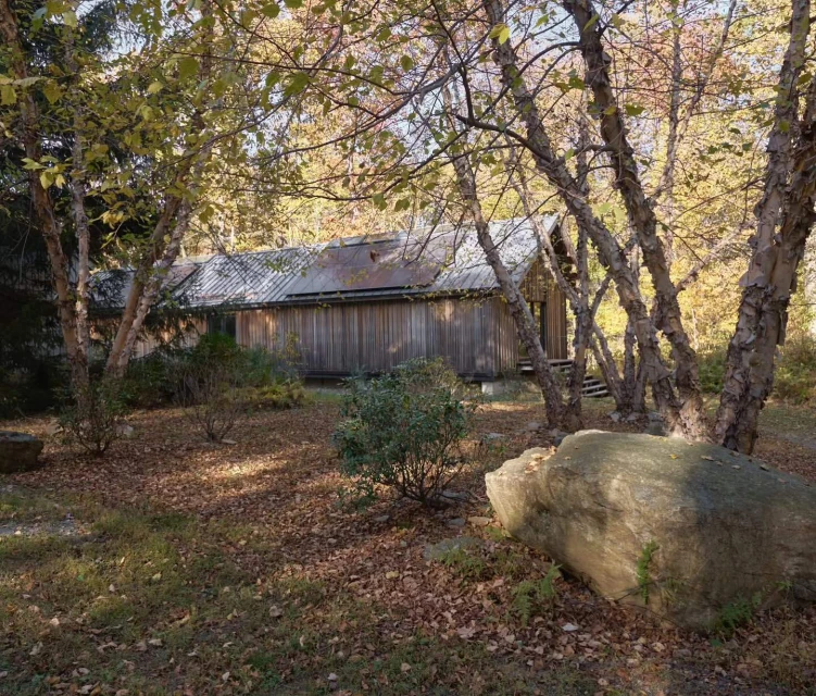 Exterior view of a weathered wood building surrounded by trees with autumn foliage in a rural environment on a sunny day.