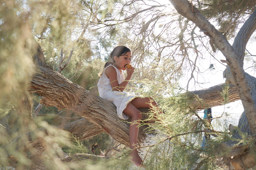 Young girl with dark hair in a white dress sitting in a tree eating a snack with sunlight filtering through the branches.
