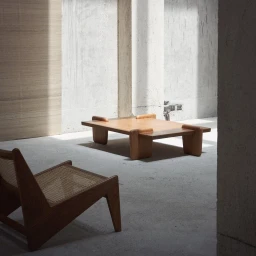 Wooden coffee table and low-back armchair with woven cane insert set against architectural concrete pillars.