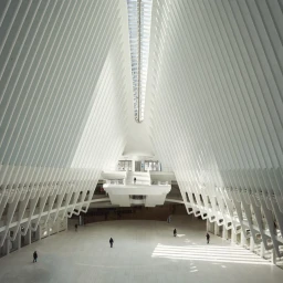 Symmetrical architectural interior view showing tall white ribs converging upwards with several small figures walking on a vast ground floor.
