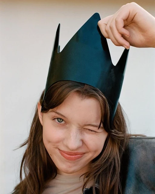 Young woman wearing a black crown and leather jacket, winking at the camera in a medium shot with a neutral studio background.