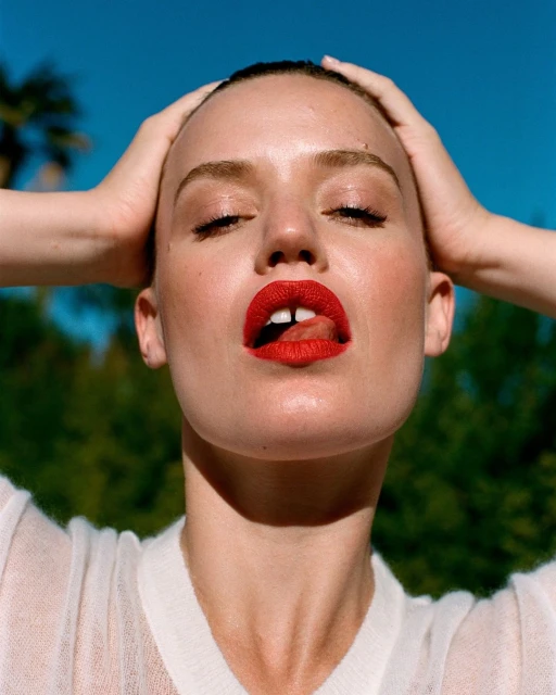 Portrait of a woman with red lipstick and slicked-back hair, eyes closed, hands on head, outdoors with a clear sky and green trees.