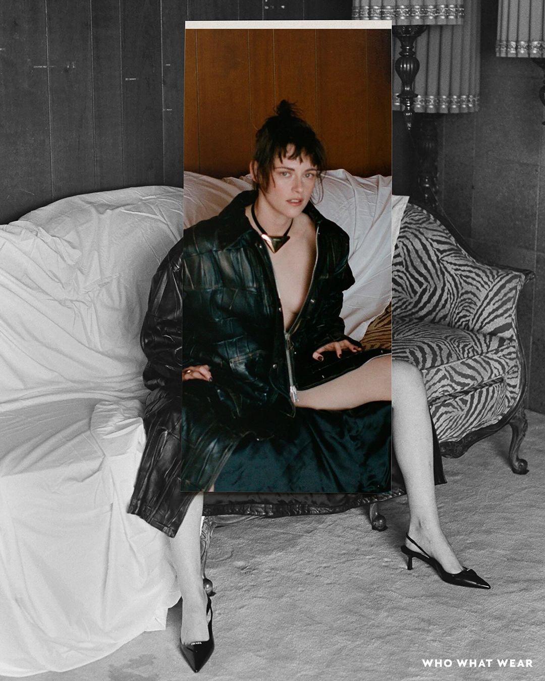 Collage portrait of a woman wearing a dark leather coat and choker necklace seated on a sofa with zebra print upholstery.