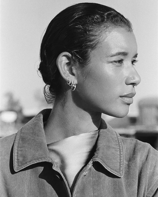 Portrait of an adult woman with dark hair wearing a collared shirt and hoop earrings. The photo is a close up of the face in black and white.
