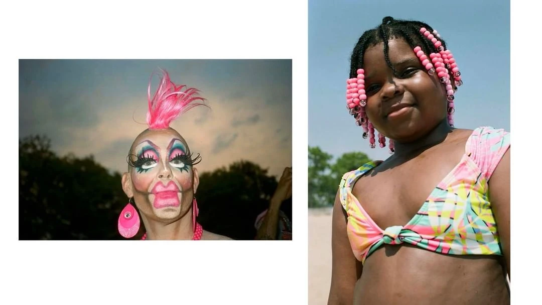 Two distinct portraits: one of a performer in exaggerated makeup and a pink mohawk, the other of a young person wearing a colorful top.