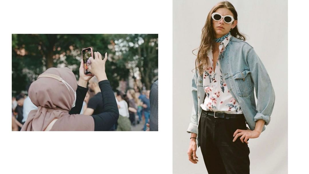 A person wearing a hijab takes a photo with their phone.  Another person poses in sunglasses and a light blue denim jacket.