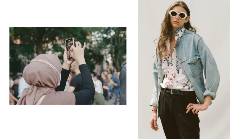 A person wearing a hijab takes a photo with their phone.  Another person poses in sunglasses and a light blue denim jacket.