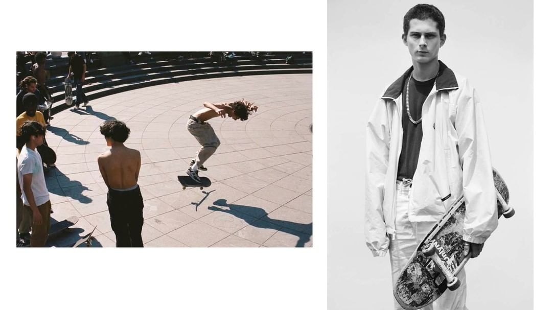 Black and white photo of a young man holding a skateboard, contrasted with a color image of a skateboarder performing a trick in public.