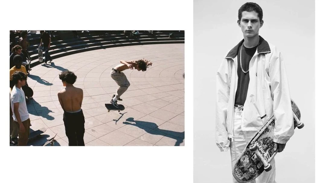 Black and white photo of a young man holding a skateboard, contrasted with a color image of a skateboarder performing a trick in public.